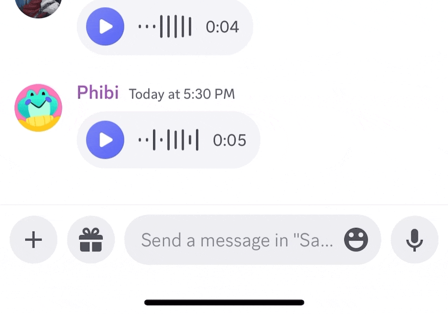 An animated GIF demonstrating how to send a Voice Message. The user is holding down a microphone button, speaking into their mobile device, and letting go of the button to send off their message. 