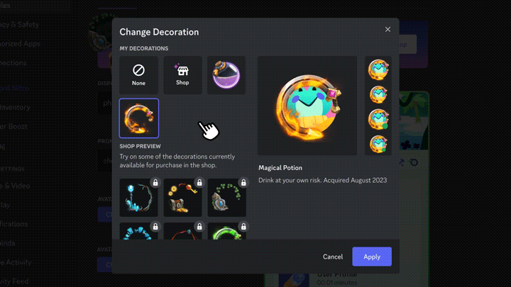 A user on Discord picking between a handful of Avatar Decorations to equip and use.