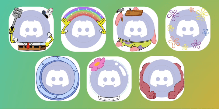 A preview of the seven SpongeBob SquarePants-themed Avatar Decorations.
