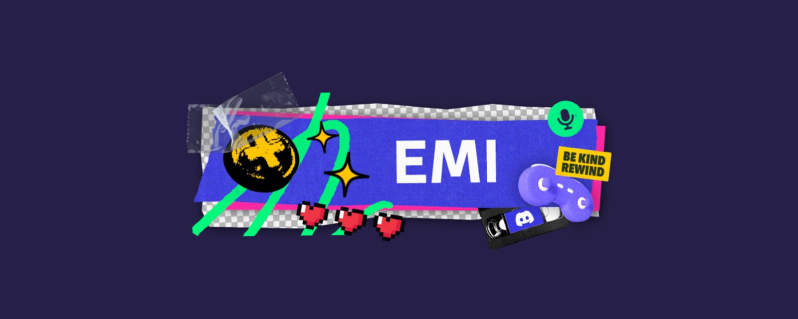 A stylized nameplate that says “Emi.” Icons and imagery of gamepads, microphones, and VHS tapes surround the nameplate.