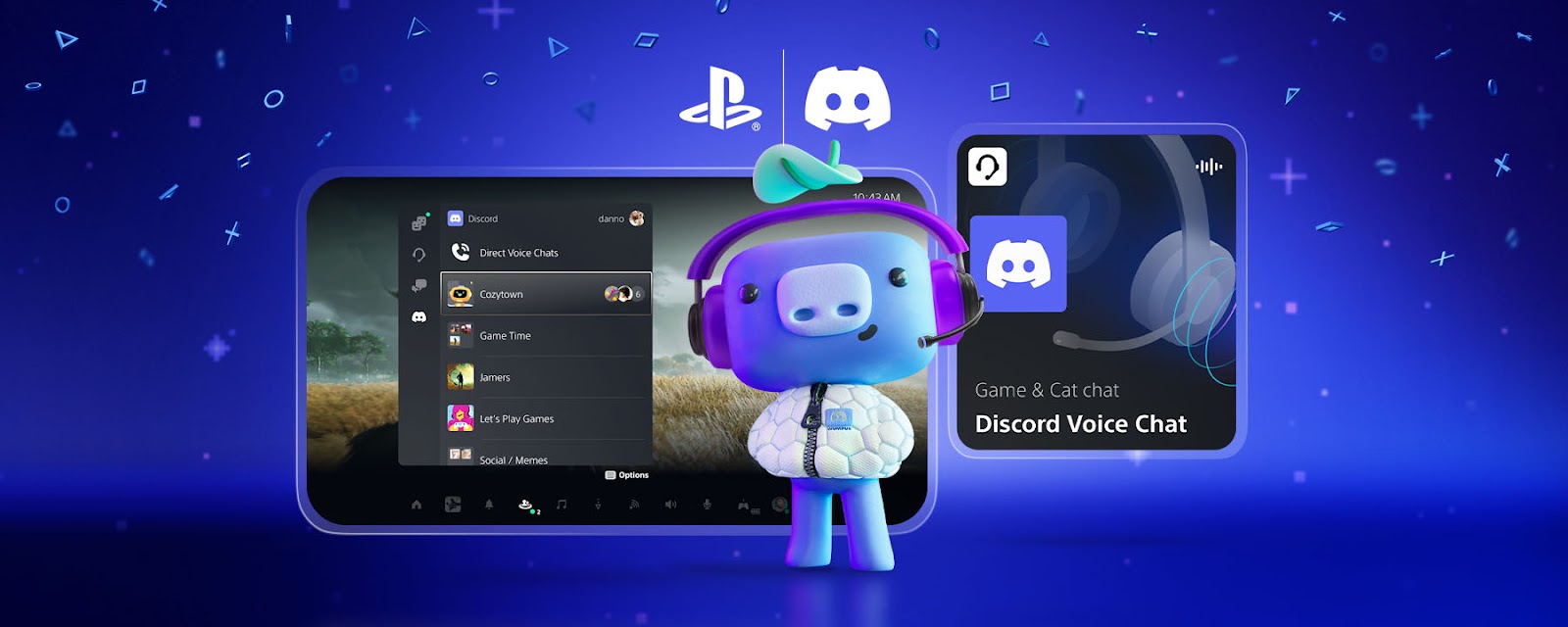 Wumpus, in a puffy jacket and wearing a gaming headset, standing in front of two screenshots. These screenshots show examples of the Discord Voice on PS5 experience.