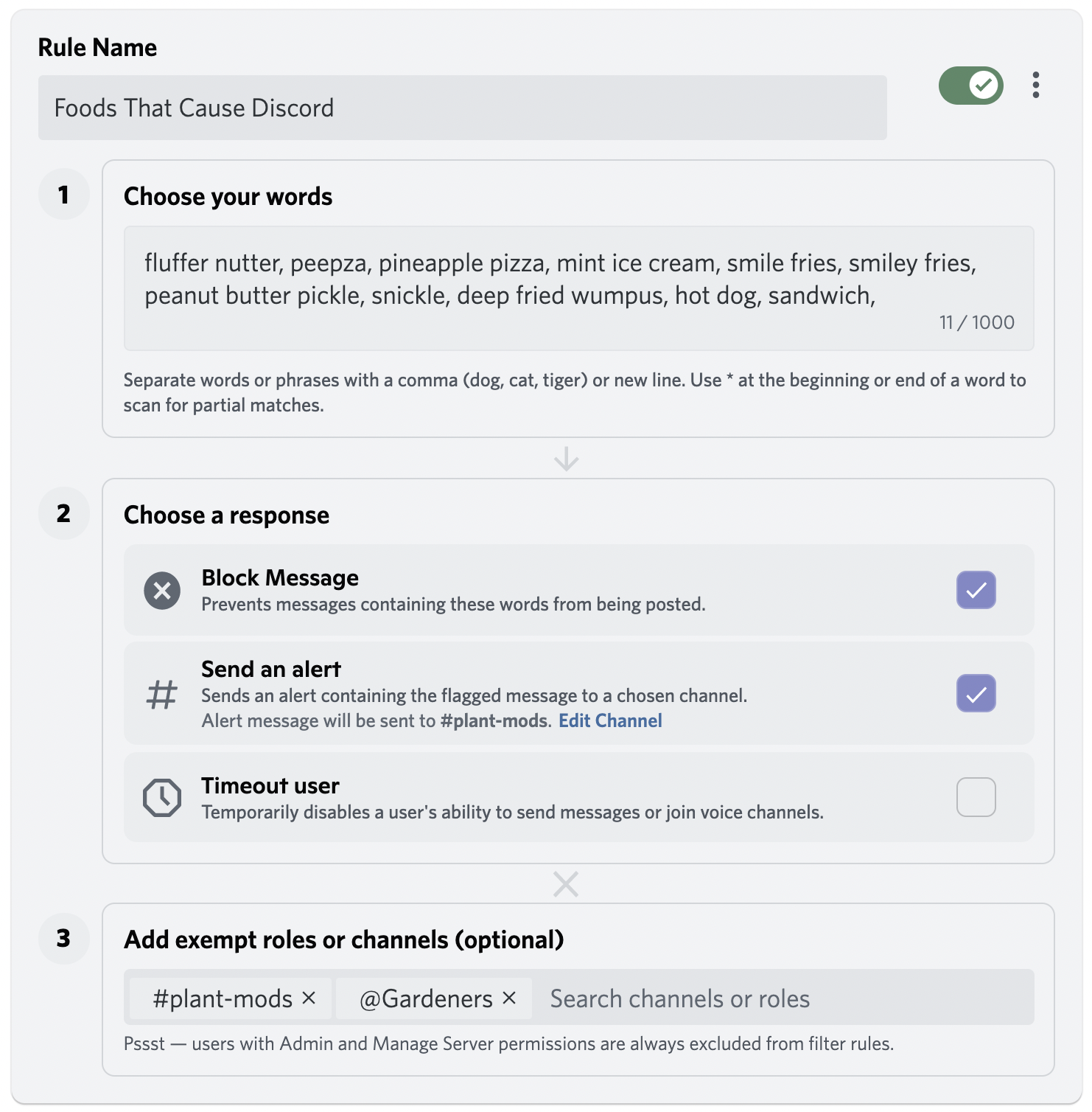 A screenshot of AutoMod’s rules settings. Displayed are options to add words or phrases to a ruleset, specifying a moderation response, and choosing which users or roles are exempt.