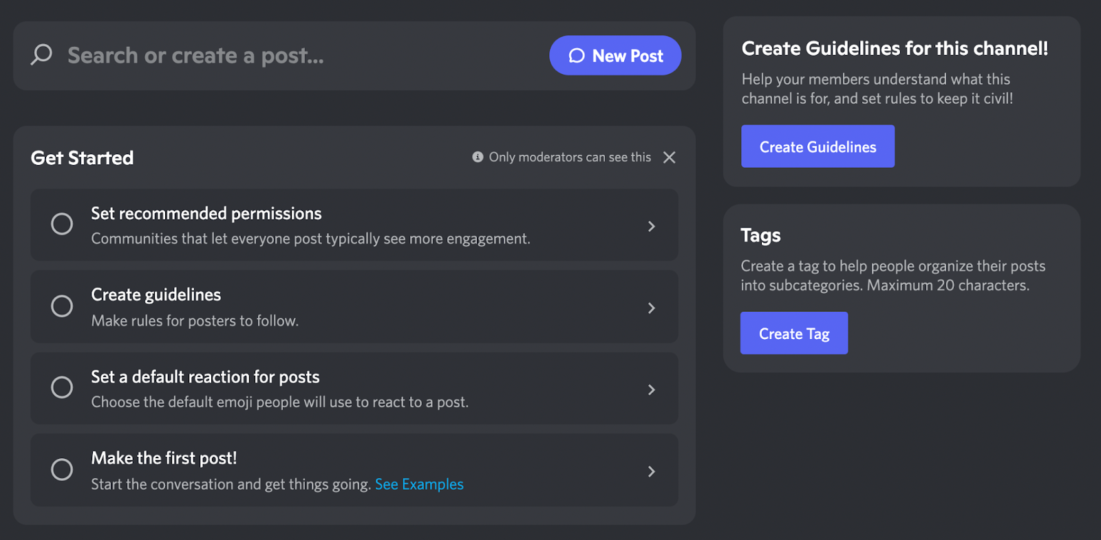 The moderator setup for a new Forum channel within Discord. The article discusses what each step is after this image.