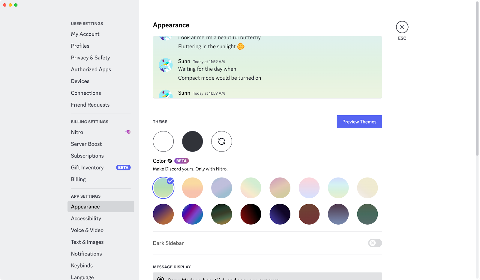 A screenshot of the User Settings > Appearance menu.