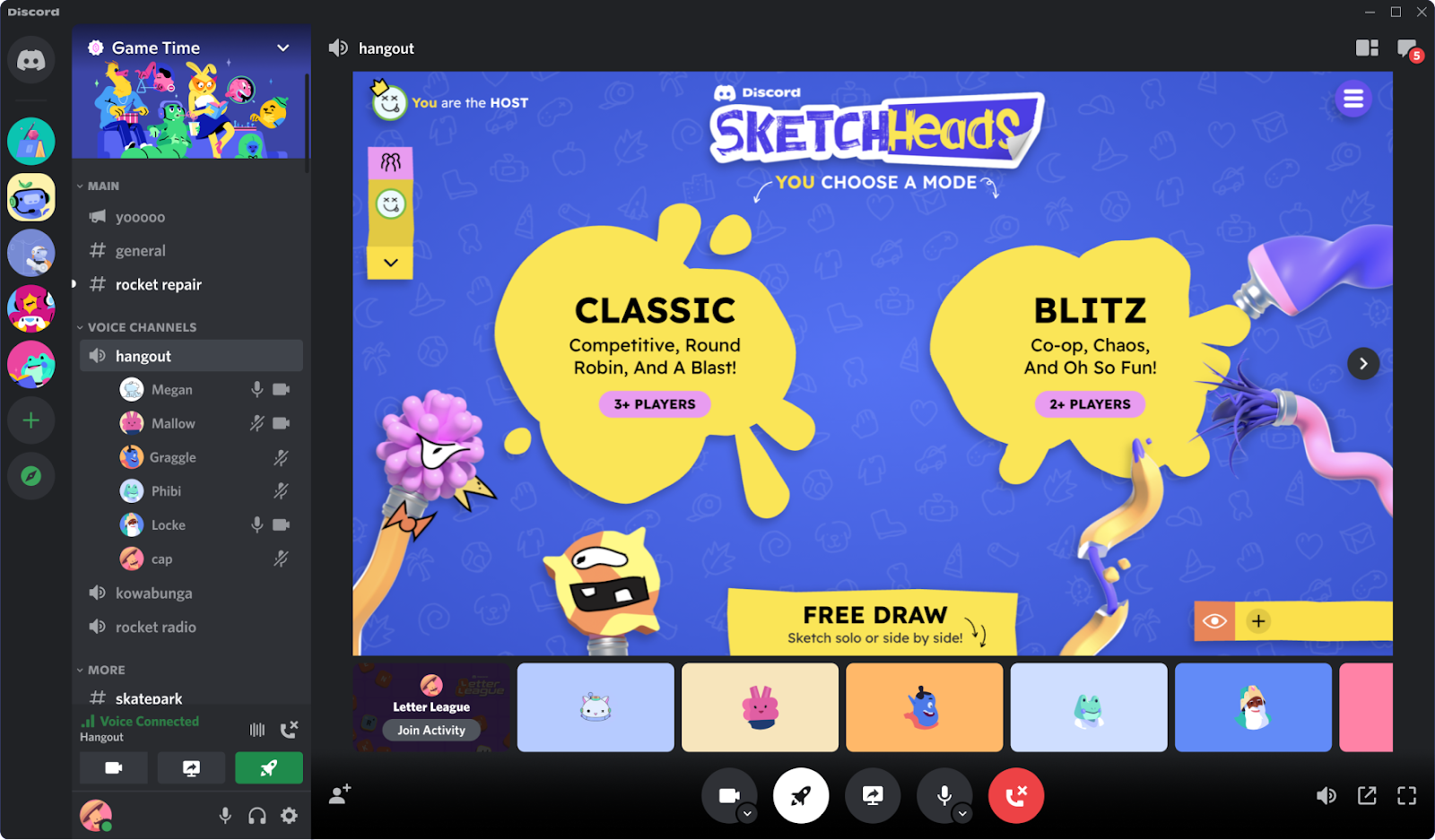 Seven friends are playing a new Discord Activity: Sketch Heads. 