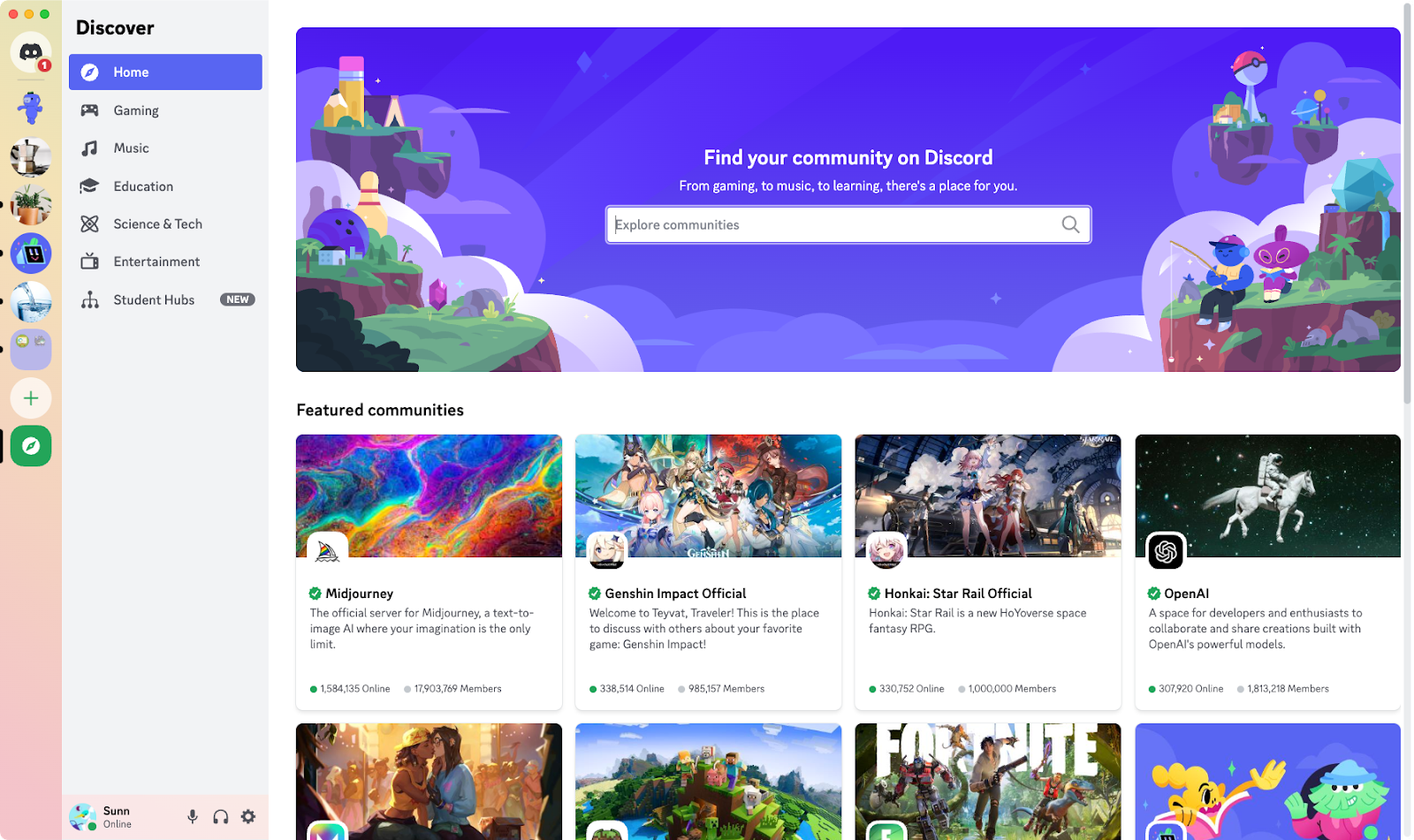 A screenshot of Discord’s Server Discovery on the desktop app. 