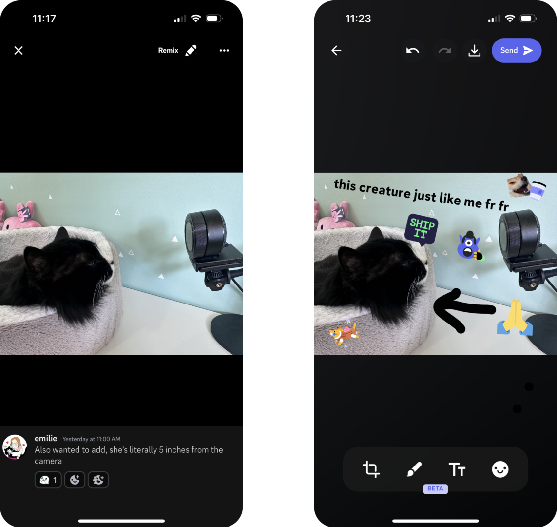 Two screenshots side-by-side. One shows the “Remix” prompt, while the other shows an image that’s had emojis, stickers, text and drawings bestowed upon it.