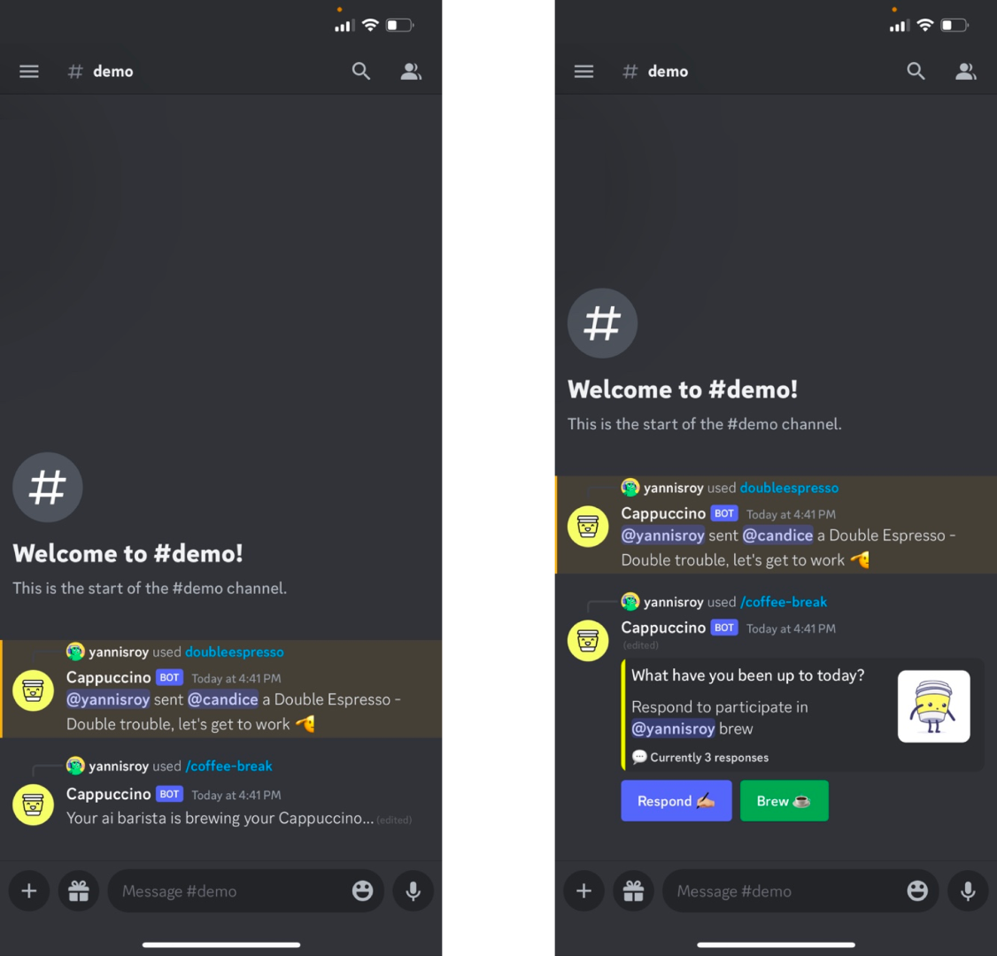 A demonstration of the Cappuccino app for Discord. Two screenshots are shown, the first is the Cappuccino app in the process of “brewing” a Cappuccino. The second is the app completing its task, and the Cappuccino is ready for viewing. 