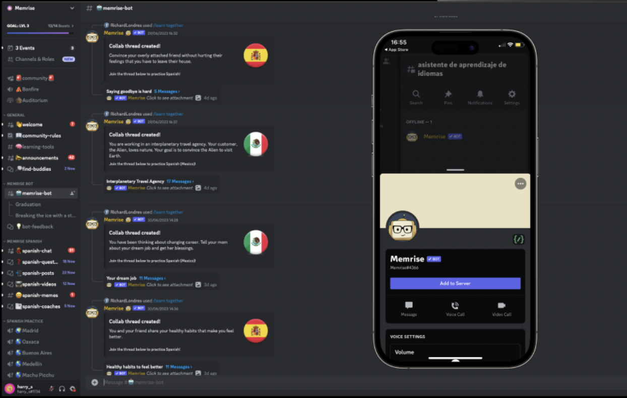  preview of the Memrise app for Discord. Multiple community members in a Discord server are learning languages using the app, with users holding multiple conversations within different Threads. A preview of the App’s profile page on a smartphone is also shown. 