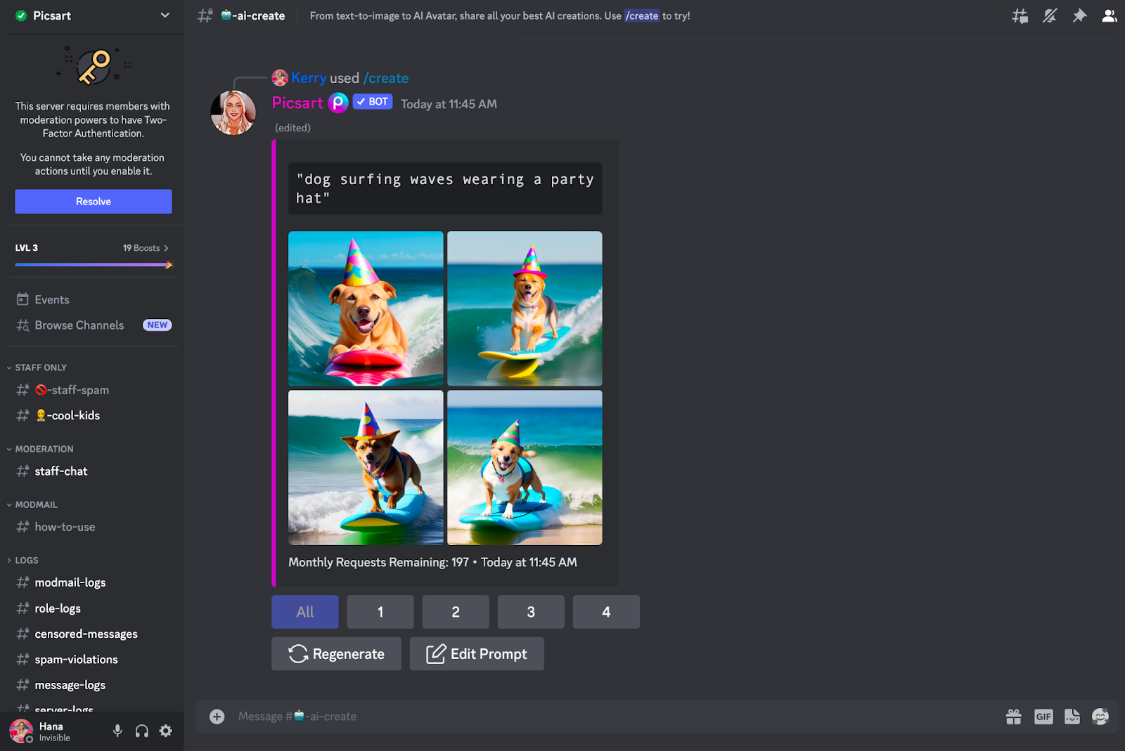 A preview of the Picsart app for Discord. A user has requested “dog surfing waves wearing a party hat,” and the Picsart app has generated four possible variations to choose from. All four dogs are looking at the viewer, happy and smiling as they surf along the coastline. 