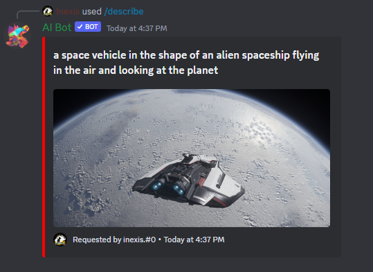 A preview of AI Bot. A user has promoted an image of “a space vehicle in the shape of an alien spaceship flying in the air and looking at the planet,” and the bot has generated their request.