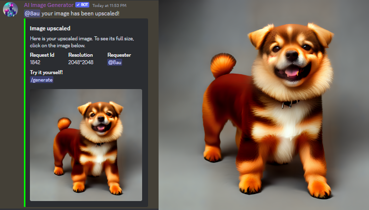 A preview of the AI Image Generator app. A user has requested the app to upscale a small image of a dog, and AI Image Generator has provided a very fluffy puppy as a result. They look very soft. 