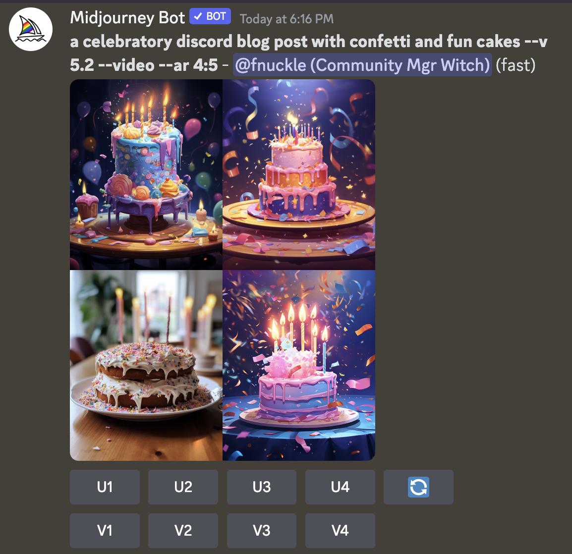A preview of the Midjourney app for Discord. A user has promoted “a celebratory discord blog post with confetti and fun cakes,” generating four images of colorful blurple cakes and confetti shooting out from behind them.