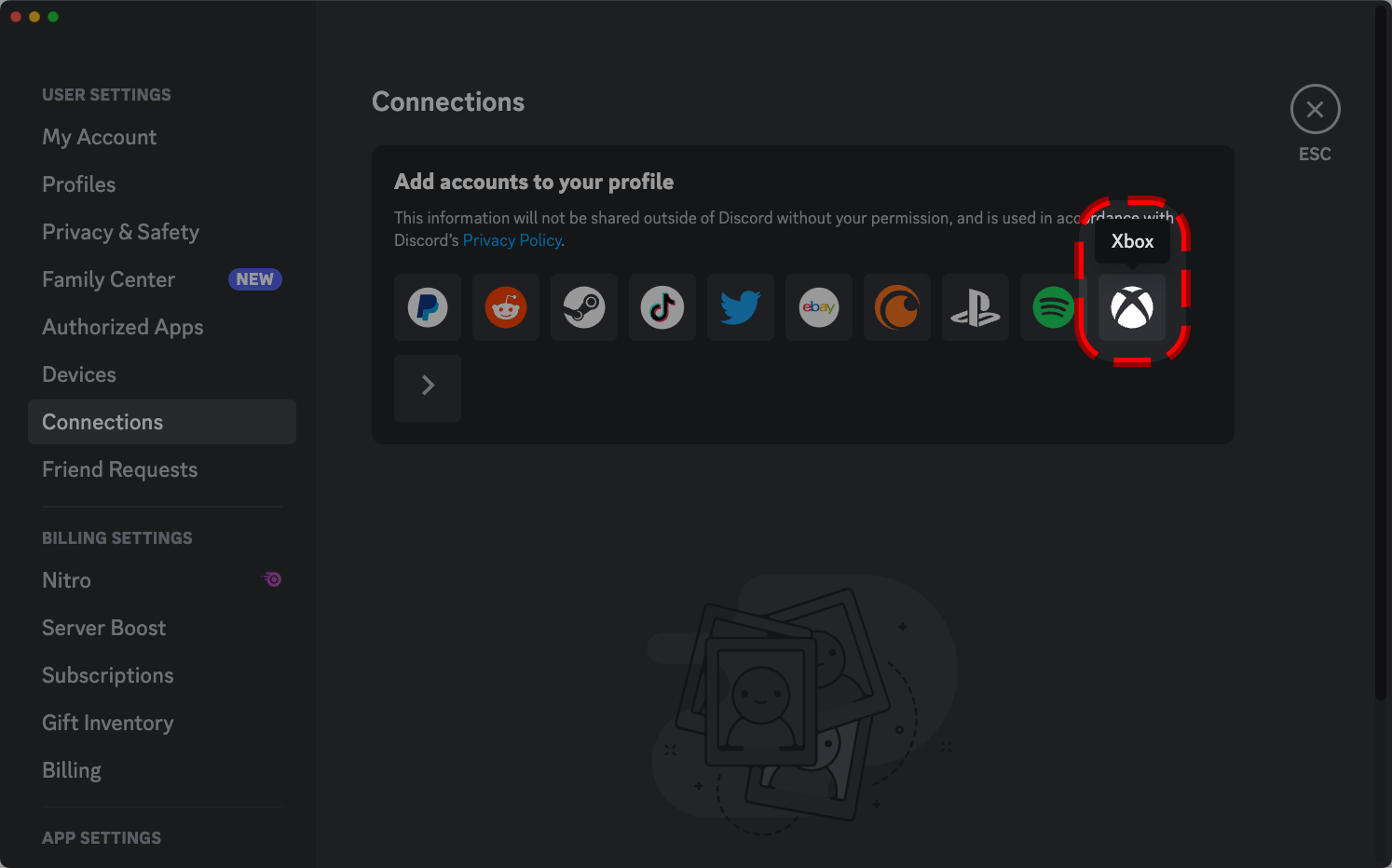 The User Settings menu of the Discord desktop app. The “Connections” tab is opened, and option to connect an Xbox account to your Discord profile is highlighted by a dotted circle.  