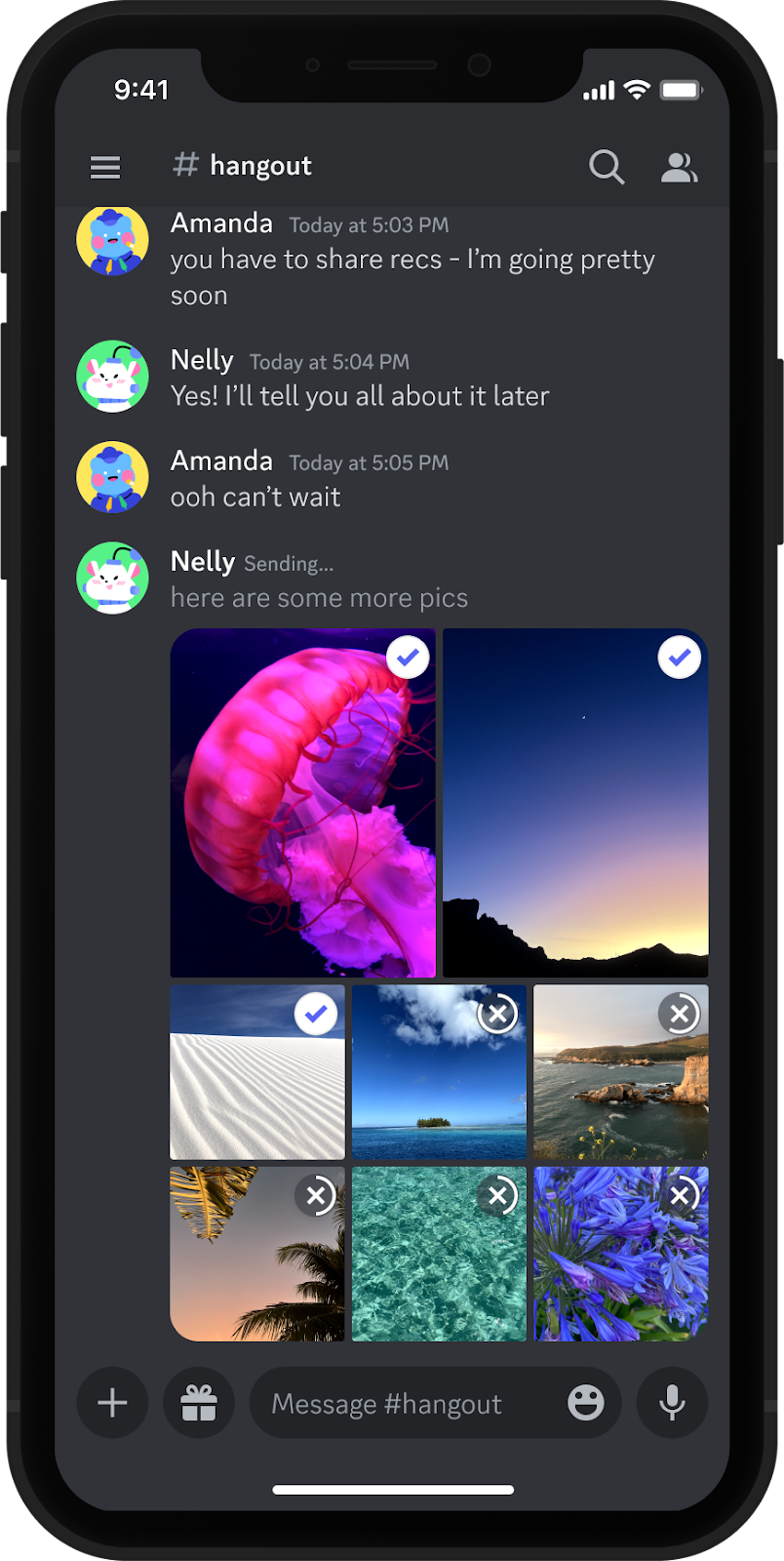 Still image of a user selecting and sending images on mobile.