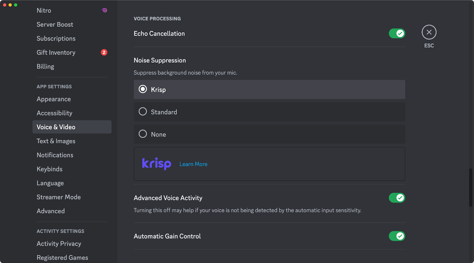 The “Voice & Video” page inside User Settings.