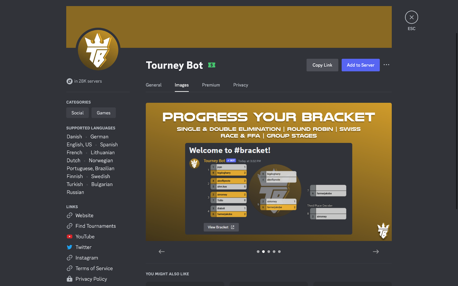 A screenshot of Tourney Bot’s App Directory listing.