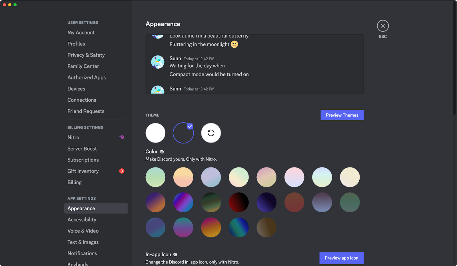 The Appearance page in User Settings.