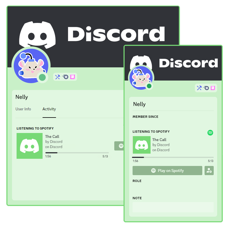 A preview of a user’s Discord profile showing their Spotify activity. 