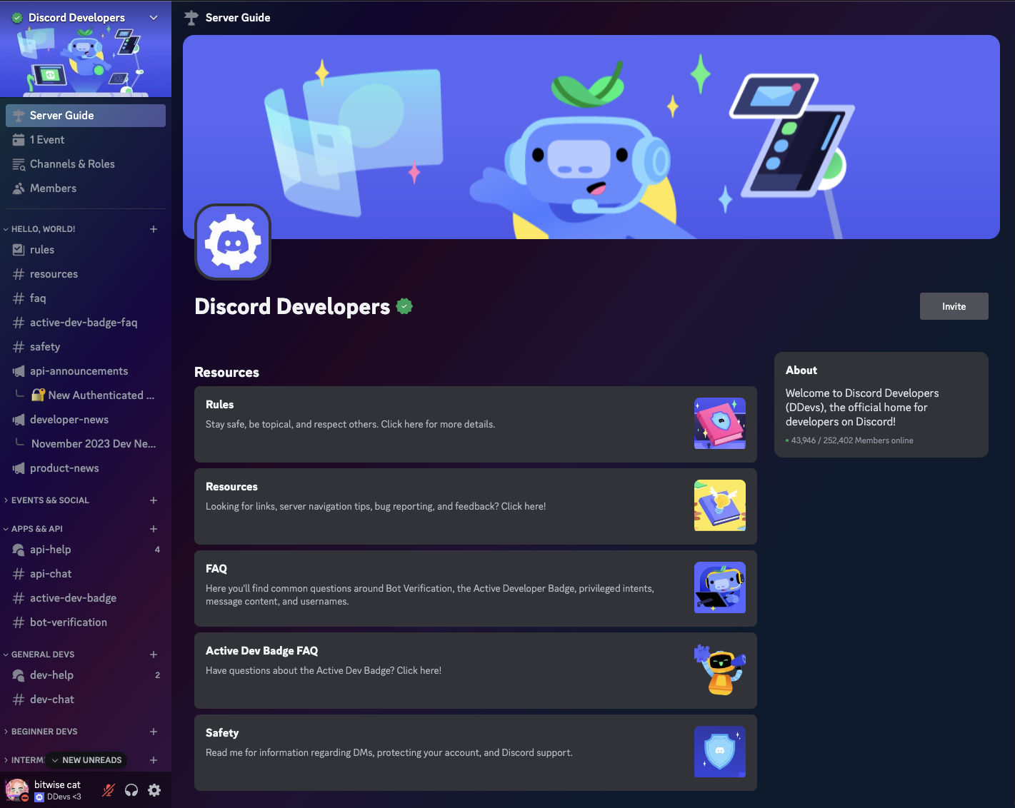 Screenshot of the Server Guide in the Discord Developers server.