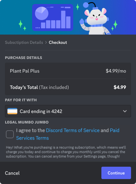 An example of a user going through the purchase flow to subscribe to “Plant Pal Plus.”