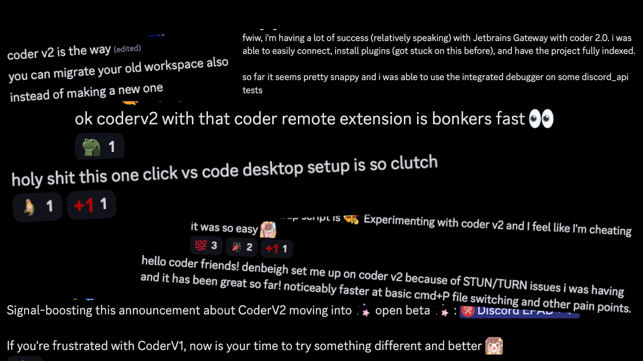 A collage of discord messages, displaying people happy with Coder V2.