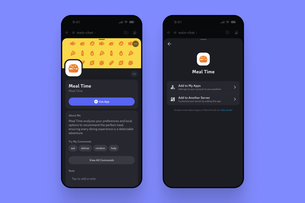A two-image demonstration of someone adding an app called Meal Time to their account. The first image shows an App’s “Use App” button on their profile. The second image is a prompt asking a user whether they want to “Add to My Apps,” or “Add to Another Server.”
