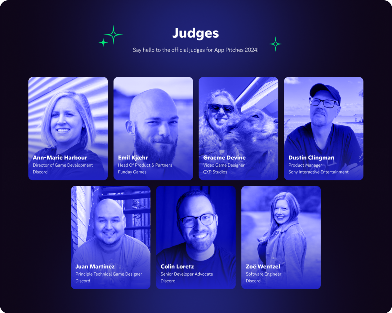 A collage of the seven judges for App Pitches 2024. The text reads: "Say hello to the official judges for App Pitches 2024!"