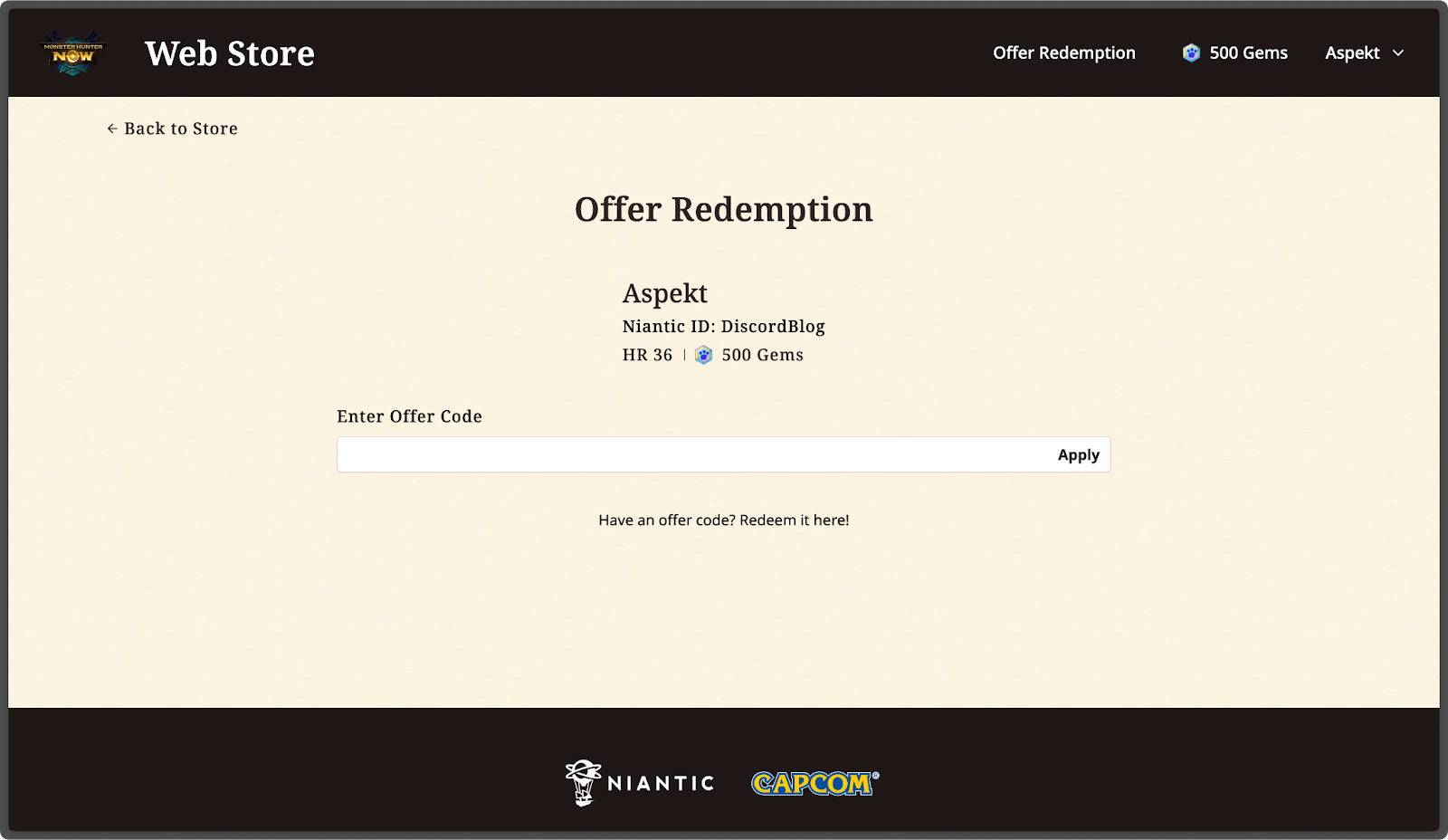 A screenshot of Niantic’s Offer Redemption page.