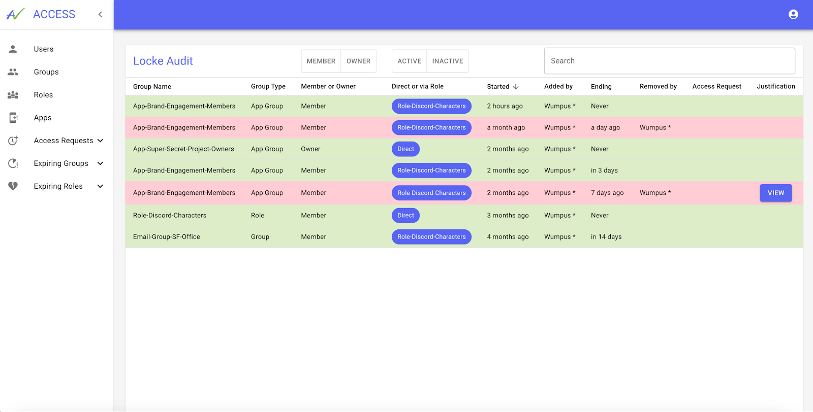 The image is a screenshot of an Access user audit page. It displays the membership history for Locke, including which groups he has been in, whether he was a member or owner, and the duration of the access.