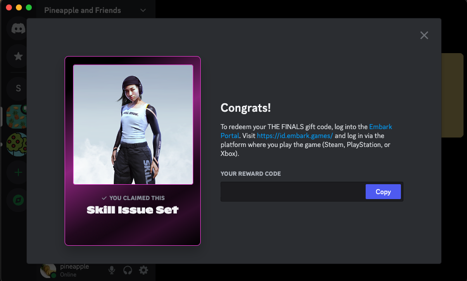 A user is being rewarded the Skill Issue Set for THE FINALS from completing a Discord Quest