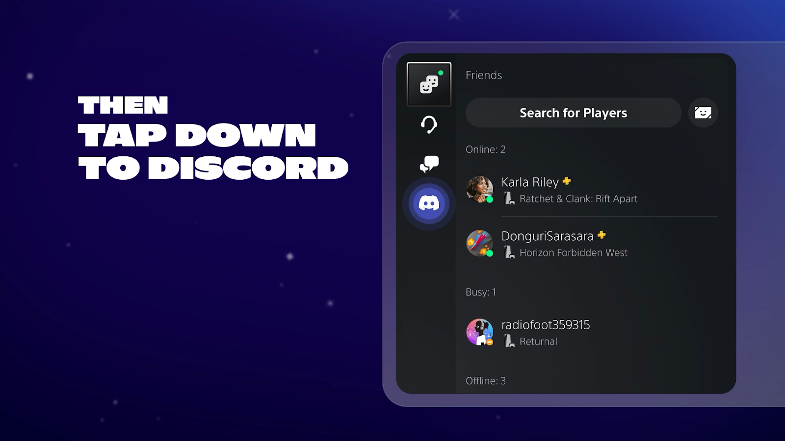 A demonstration of connecting to a Discord call on a PS5 console. In the “Game Base,” a Discord button is highlighted for users to select.