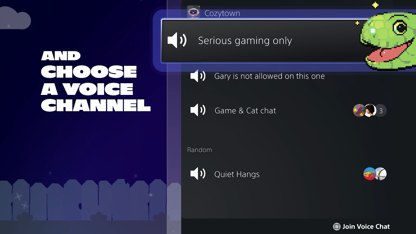 A demonstration of connecting to a Discord call on a PS5 console. The user is selecting a Discord voice channel to connect to. 