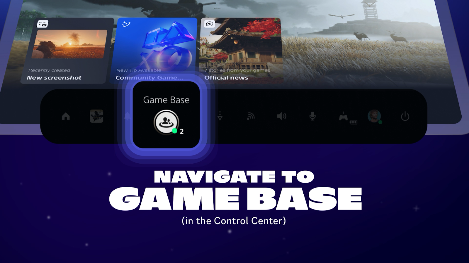 A demonstration of the PS5 User Interface. The “Game Base” button is highlighted at the bottom of the screenshot.