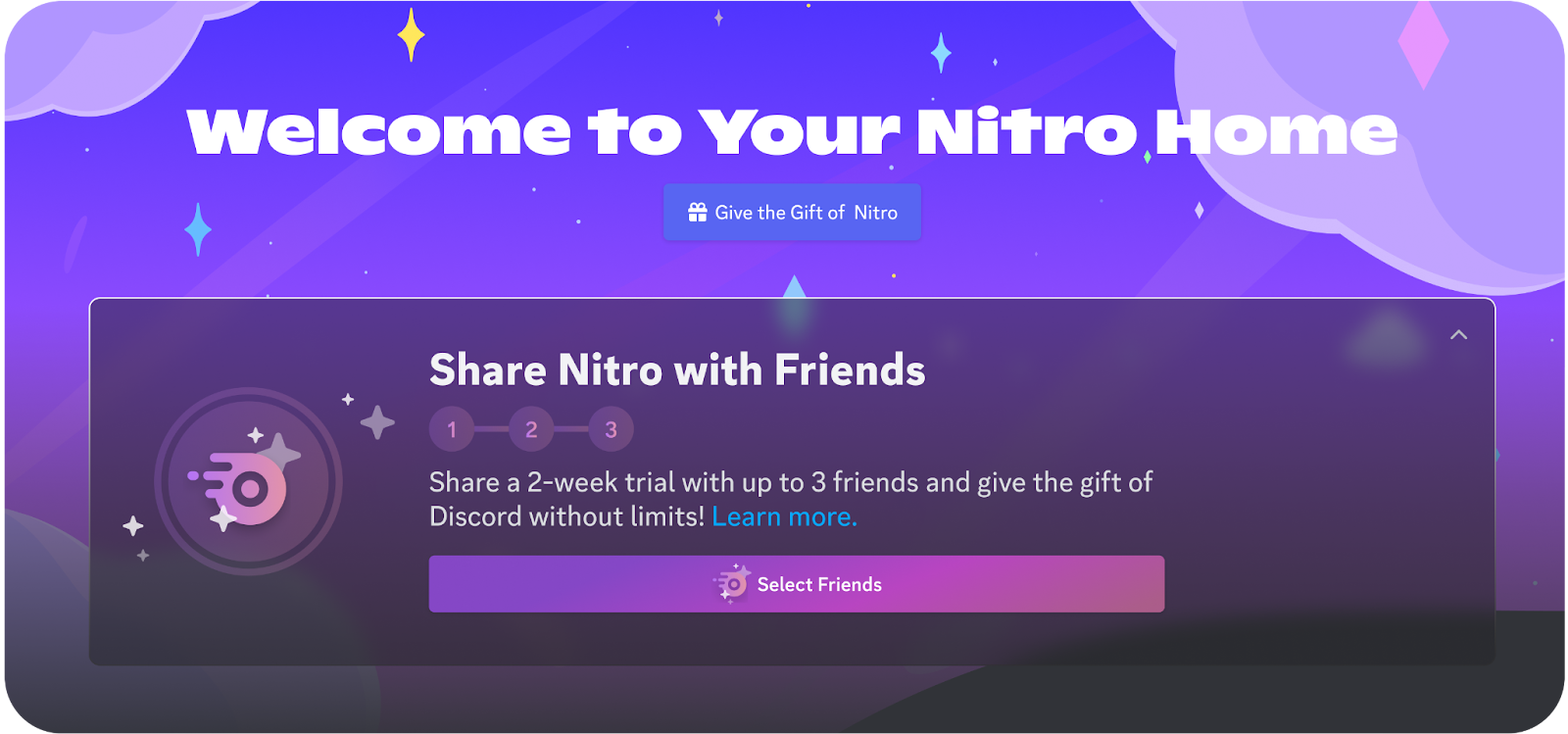 The “Share Nitro with Friends” menu within the Nitro tab.