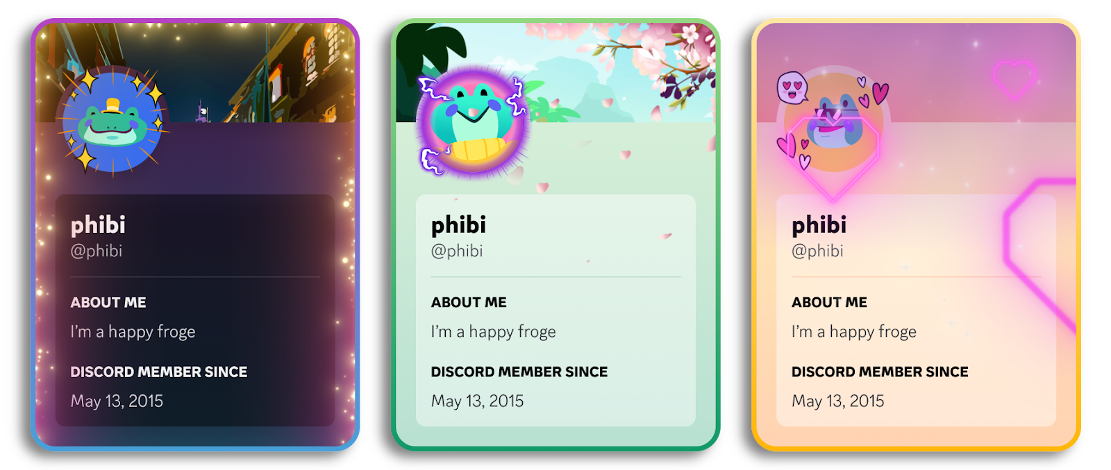 A demonstration of a user with three unique Server Profiles, each with different Shop items equipped.