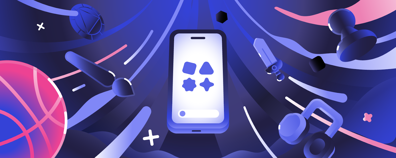 A smartphone prominently displays the App Launcher icon, which is four different shapes aligned in a 2x2 grid. Images of headphones, paintbrushes, and swords float around the phone.