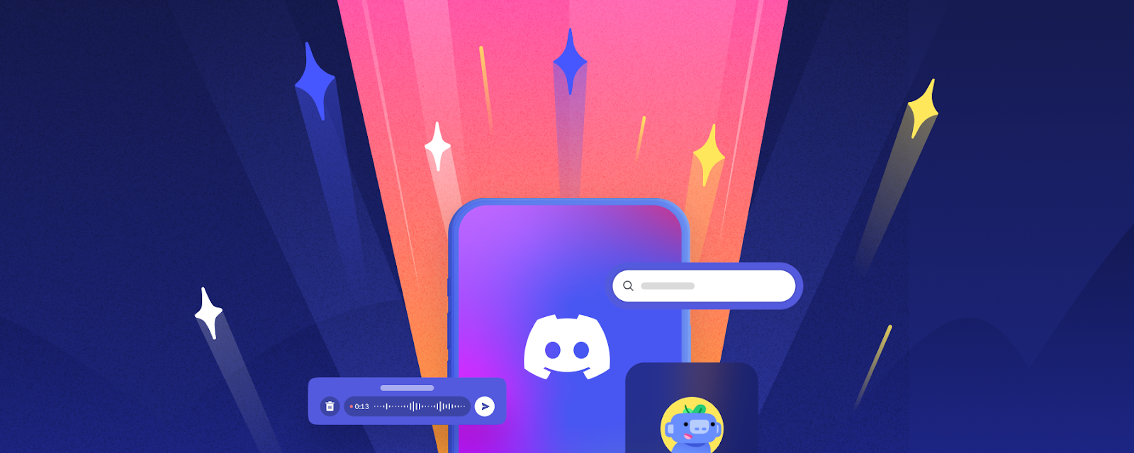 Stars and sparkles shooting out of a mobile phone that's currently running Discord.