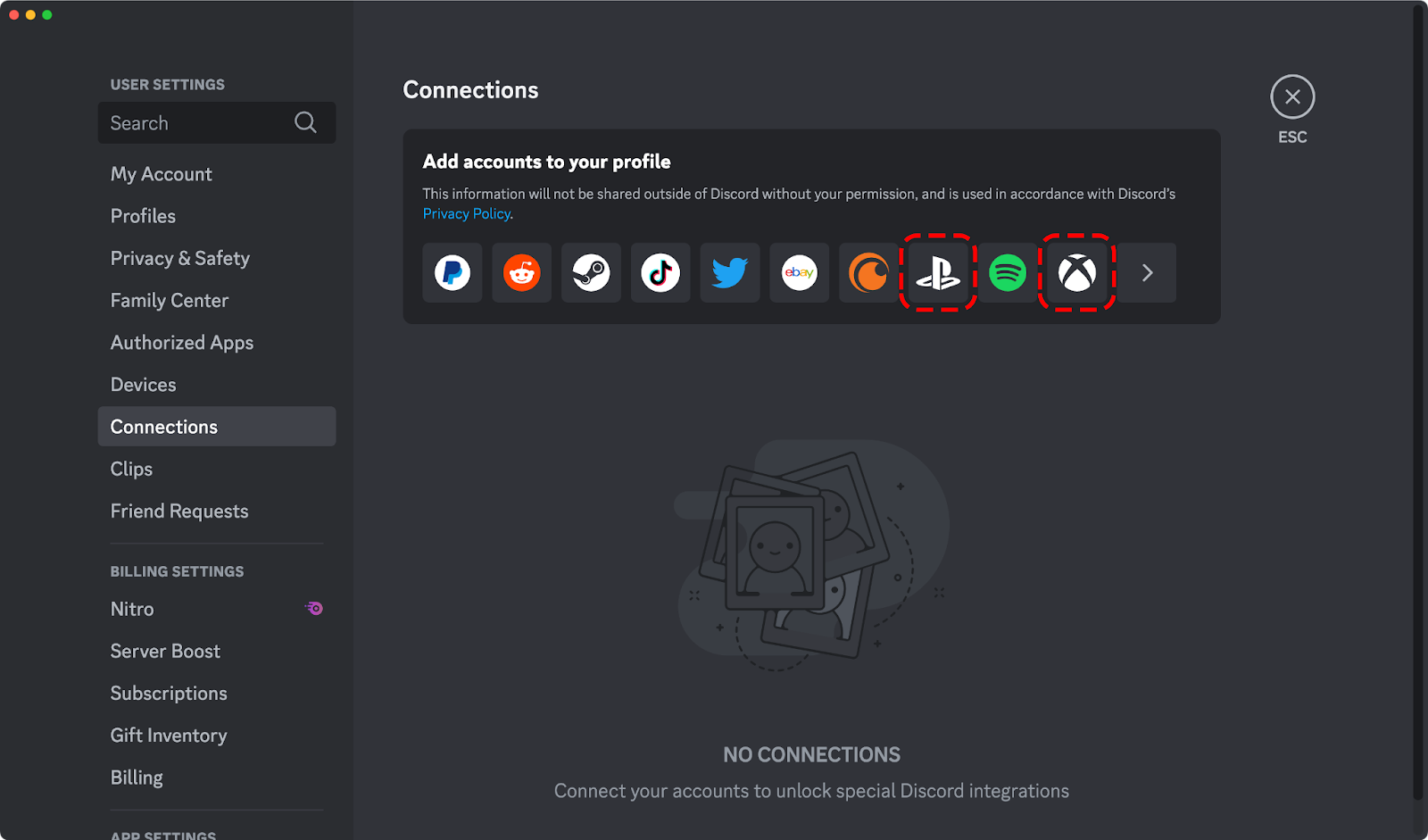 A screenshot of the Connection page within User Settings.