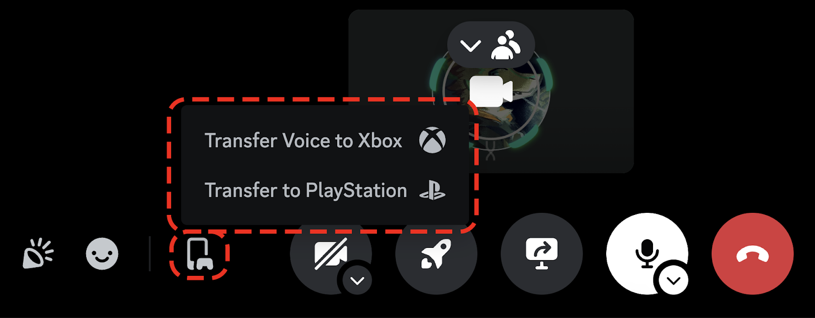 An ongoing Discord call on the desktop app. It highlights the “Transfer Voice to Xbox” and “Transfer to PlayStation” options.