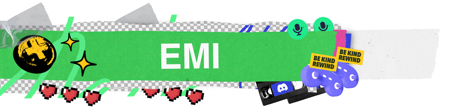 A stylized nameplate that says “Emi.” Icons and imagery of gamepads, microphones, and VHS tapes surround the nameplate.