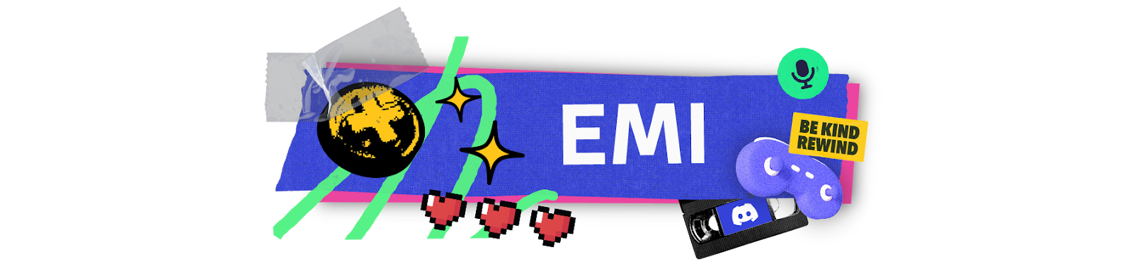 A stylized nameplate that says “Emi.” Icons and imagery of gamepads, microphones, and VHS tapes surround the nameplate.