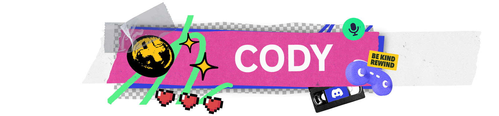 A stylized nameplate that says “Cody.” Icons and imagery of gamepads, microphones, and VHS tapes surround the nameplate.