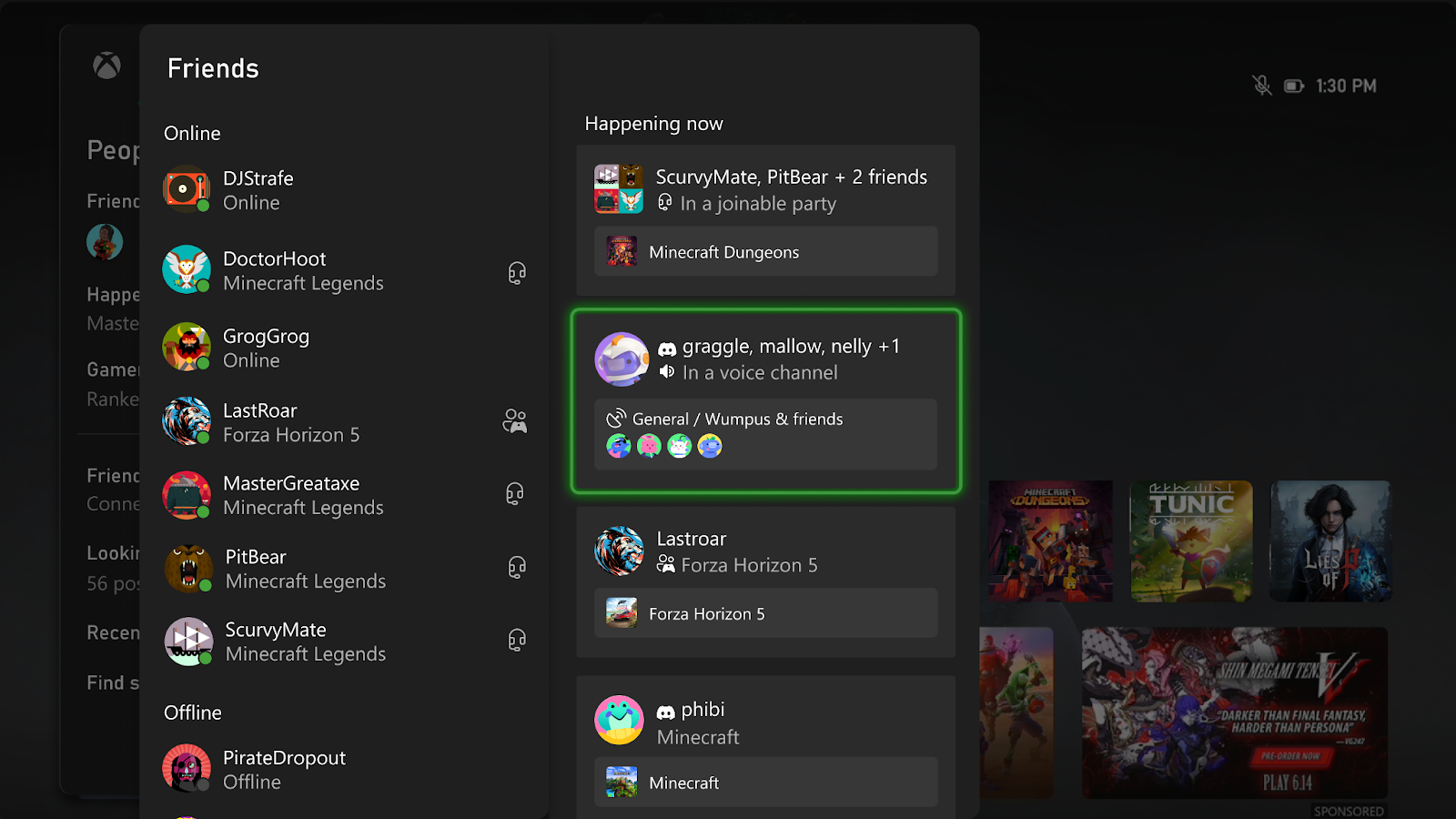 A screenshot from an Xbox console demonstrating the new Happening Now tab functionality, showing the user’s Discord friends.